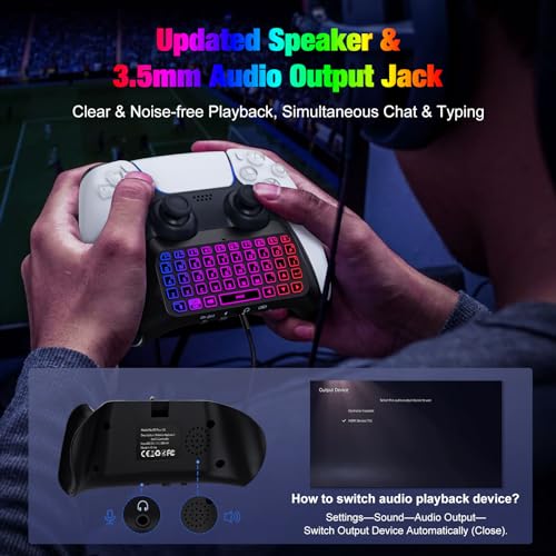 MoKo Teclado Inalámbrico con Retroiluminación RGB para Mando PS5, Mini Teclado Bluetooth para PlayStation 5 con Luz Colorida Altavoz Integrado Mejorado y Conector de Audio de 3,5 mm PS5 Accesorios - imagen 4