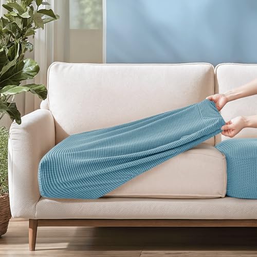 Image of CHUN YI Stretch Couch Cushion Cover, Fitted Loveseat Sofa Chair Seat Slipcover Furniture Protector, Checks Spandex Jacquard Fabric(Small,Smoky Blue)