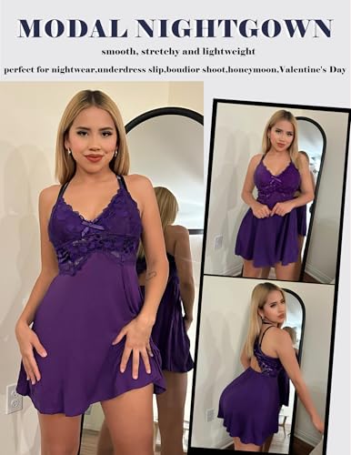 Image of Avidlove Sexy Modal V Neck Lace Babydoll Lingerie Dress Set with Thong 2 Piece