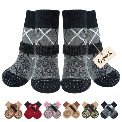 BEAUTYZOO Hundesocken Anti Rutsch, Doppelseitige Hundesocken Leckschutz mit Klettverschluss Riemen für Innenbereich Pfotenschutz für Hunde, Schuhe für Kleine, Mittlere und Große Hunde, 6er-Set