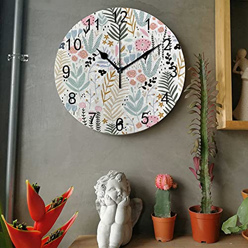 Hapuxt Wall Clock Pvc 9.8 Inch Doodle Flowers Branch Leaves Colorful Non Ticking Silent Round Battery Operated Home Decorative Kitchen Office Living Room Bedroom #TOP2