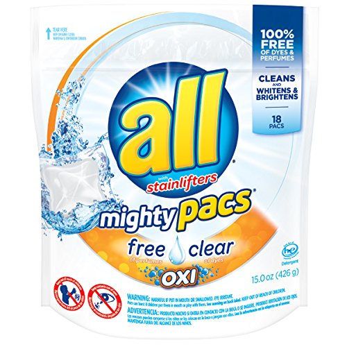 all Mighty Pacs Laundry Detergent with OXI Stain Removers and Whiteners, Free Clear, Pouch, 18 Count