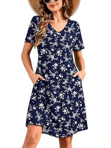 Image of DEARCASE Summer Dresses for Women V-Neck Short Sleeve T Shirt Dress Casual Flowy Swing Beach Vacation Mini Sundress