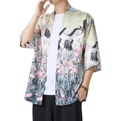 Image of PRIJOUHE Men's Lightweight Kimono Jacket Seven Sleeve Open Front Cardigan Coat Japanese Style Bathrobe
