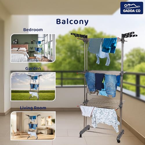 Image of GADDA CO Stainless Steel Double Pole 3 Layer Cloth Drying Stand with Hanger |Heavy Duty Rust-Proof Steel Clothes Drying Rack | Foldable Laundry Stand for Indoor & Outdoor Use | Grey -71 x 31 x 17 Inch