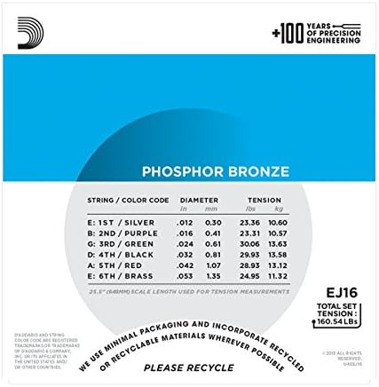 D'Addario EJ16 Phosphor Bronze Acoustic Guitar Strings, Light, 12-53 (5 Pack)