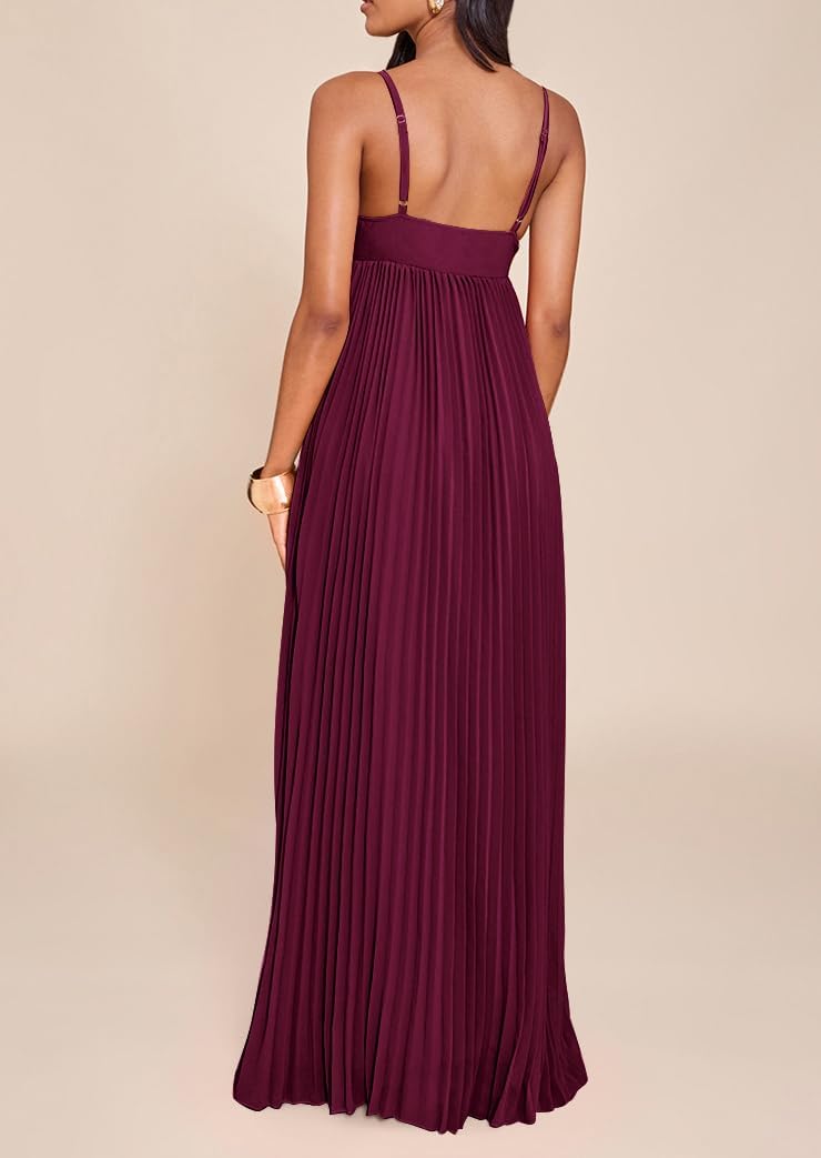 Women's Plisse Dress Adjustable Spaghetti Strap Maxi Solid Party Wedding Guest Dresses - Image 2