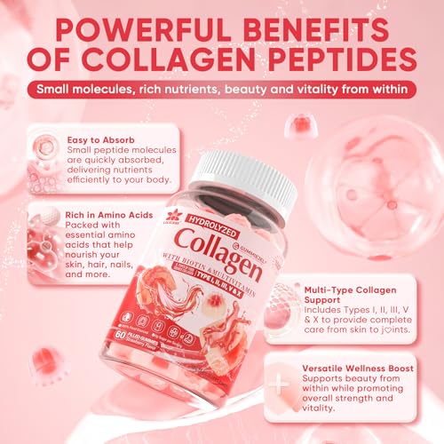 Collagen Peptide Gummies for Women & Men Sugar-Free, Multi Collagen Hydrolyzed w/ 1500mg Protein Type I,II,III,V,X, 5000mcg Biotin, Methylated B12, Vitamin C A E D3 B6 for Skin Hair Nails, Bone, 60Cts