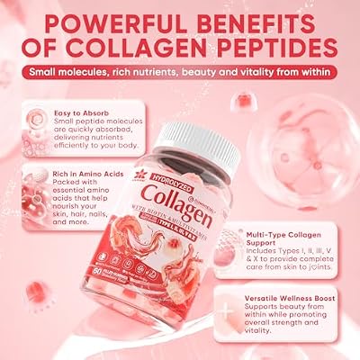 Collagen Peptide Gummies for Women & Men Sugar-Free, Multi Collagen Hydrolyzed w/ 1500mg Protein Type I,II,III,V,X, 5000mcg Biotin, Methylated B12, Vitamin C A E D3 B6 for Skin Hair Nails, Bone, 60Cts