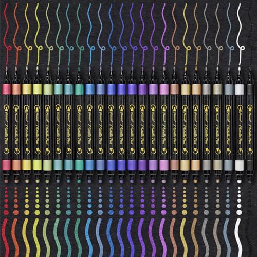 Hmeuest 24 Metallic Pens, Dual Tip Metallic Paint Pens for Black Paper, Scrapbook Accessories, Metallic Marker Pens for Rock Ceramic Glass, Art Supplies