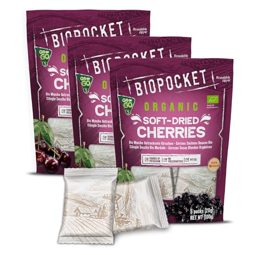 Biopocket Organic Soft & Dried Cherries On the Go 3 Bags (15 Individual Portion Packs) | Healthy Organic Non-GMO Vegan Kosher Gluten-Free Snack Packs