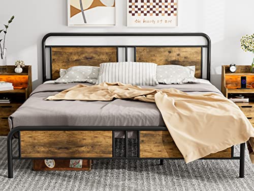 Ikifly King Bed Frame With Industrial Wood Headboard/Footboard, Heavy Duty Metal Slats Support, Under-Bed Storage, No Box Spring Needed - Rustic Brown #TOP17