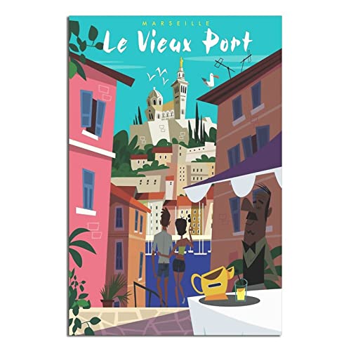 NMNM Poster vintage de voyage sur toile - Motif : Vieux port de Marseille - Décoration murale - 30 x 45 cm, 12x18inchs(30x45cm)