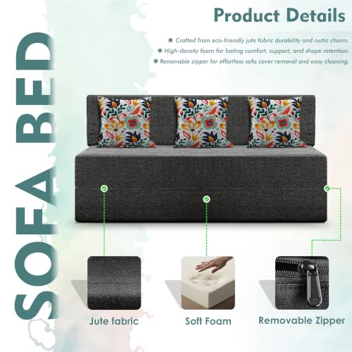Image of Los Angeles Foldable Three Seater Sofa Cum Bed, Sofa Bed 5 X 6 Feet Jute Fabric Washable Cover- Including Cushion Perfect for Living Room - Black