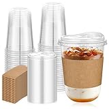 tchrules 50 Set 16oz Clear Plastic Cups with Strawless Sip Lids & Cup Sleeves, Disposable Round Bottom To Go Iced Coffee Cups for Cold Drinks Smoothies Lemonade Slushies Milkshakes Party Supplies