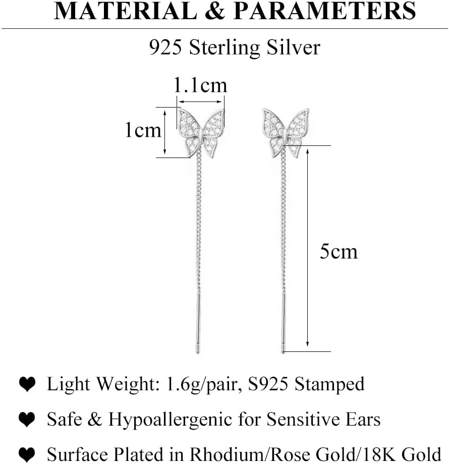 SLUYNZ 925 Sterling Silver CZ Butterfly Dangle Earrings Chain for Women Butterfly Dangling Earrings Threader Tassel