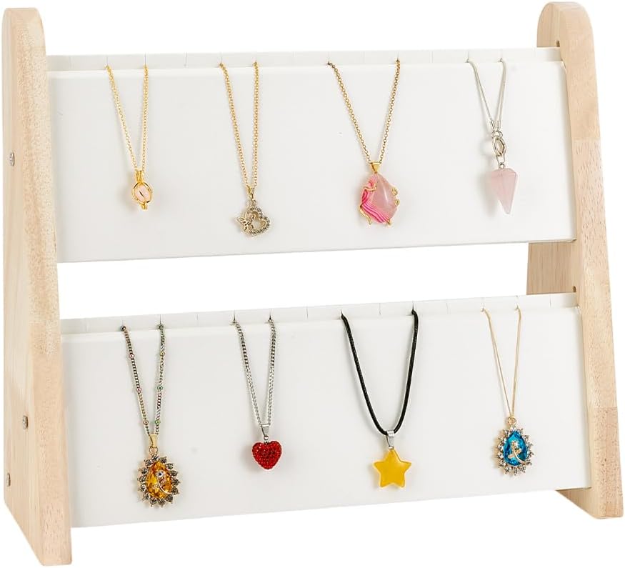 PH PandaHall Wood Necklace Holder, 2 Tier Wooden Jewelry Necklaces Chain Rack Organizer with Velvet Mat Necklace Display Stand Display Board for 34 Necklaces Home Shop Store Show, Floral White