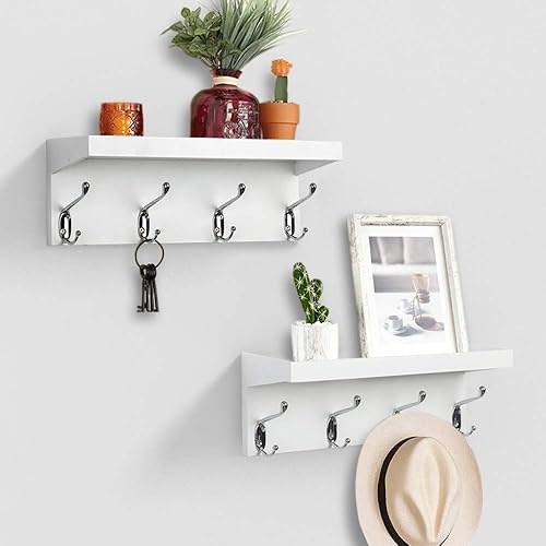 AHDECOR Perchero flotante montado en la pared, estante colgante de almacenamiento con 4 perchas duraderas, color blanco, juego de 2