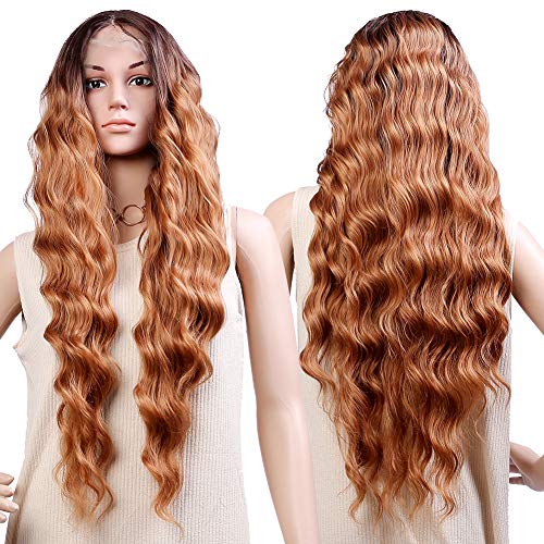 Adronitie Auburn Brown Synthetic Lace Front Wigs 32 Inches Long Curly Wavy Glueless