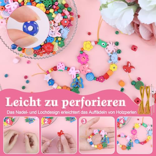 Holzperlen zum Auffädeln Kinder 530 Stk,Bunt Blumen&Tiere Perlen,mit Schnur – Ansicht 4