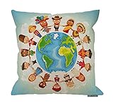 HGOD DESIGNS Earth Throw Pillow,Cartoon Multicultural Character On Planet Earth Cultural Diversity Decorative Cushion Cover Cotton Linen Square Throw Pillow Cover,20'X20'