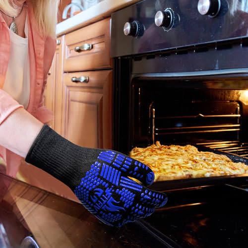 Image of BBQ Gloves, Oven Gloves, 1472F Extreme Heat Resistant Barbecue Gloves, Silicone Non-Slip Oven Mitts, Kitchen for Cooking, Grilling, and Baking (Blue)