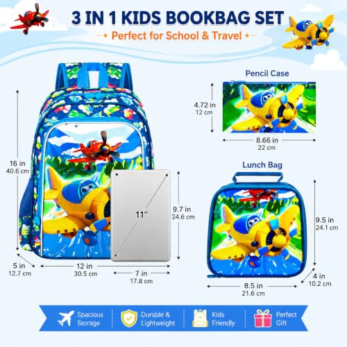 Image of HPJGD 3PCS Boys Airplane Backpack, Water Resistant Kids Backpack Set with Lunch Box, Cute School Bag for Preschool Toddler
