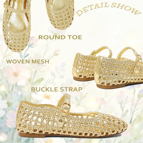 Image of Woven Ballet Flats for Women Round Toe Mesh Flats Buckle Strap Flat Shoes Comfortable Mary Jane Dressy Mesh Shoes Casual Ballerina Mary Janes