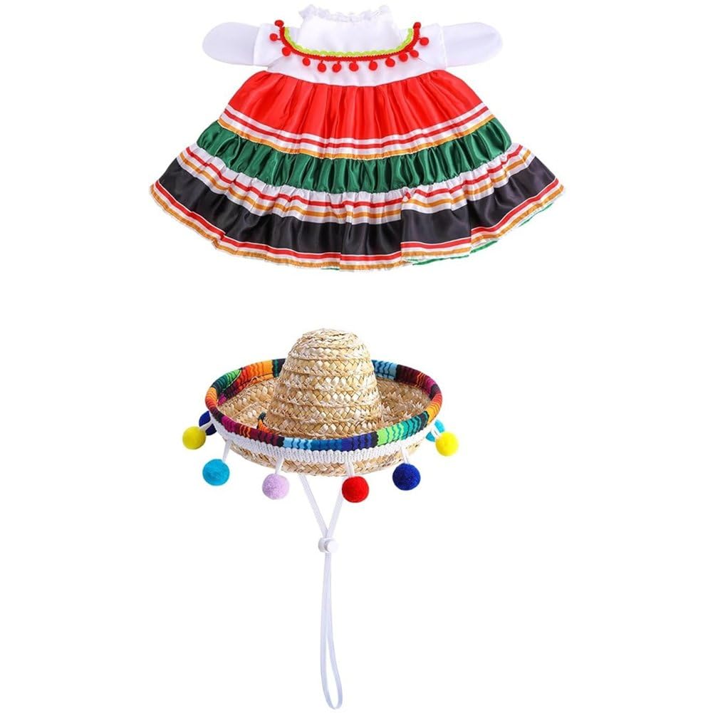 Fituenly Porch Goose Costume Outfit Mexican Style, Lawn Goose Clothing Skirt Hat Set, Striped Dress & Sombrero for Summer Outdoor Patio Decoration