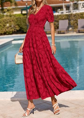 Image of KIRUNDO Summer Dresses for Women 2026 Boho Flowy Casual Short Sleeve V Neck Elastic Waist Floral Long Baby Shower Maxi Dress