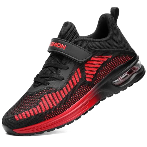 Baskets Garçon Respirant Enfant Chaussures de Sports en Salle Fille Low Top Sneakers,Noir Rouge,38 EU