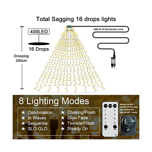 HATMIG Christbaumbeleuchtung, Timerfunktion 400LEDs 2m 16 Stränge 8 Leuchtmodi LED Lichterkette Weihnachtsbaum… – Bild 4
