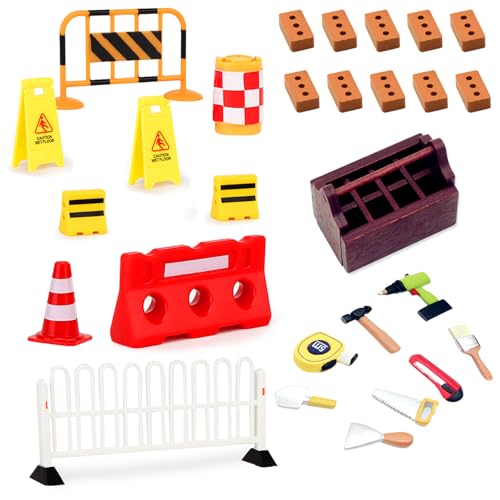 28 Stück Wichtel Zubehör Weihnachten Baustelle Wichtel Baustelle Set Puppenhaus Deko Mini Holz Werkzeugkiste Straßensperre Ziegel Straßenschilder Verkehrskegel Geschenk für Advent Weihnachten