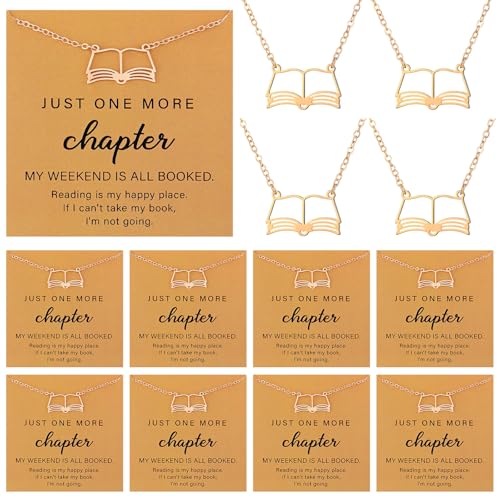 Tondiamo 8 Pcs Book Club Gifts for Women Open Book Necklaces Jewelry Reading Gifts with Card for Librarian Bookish Bookworm