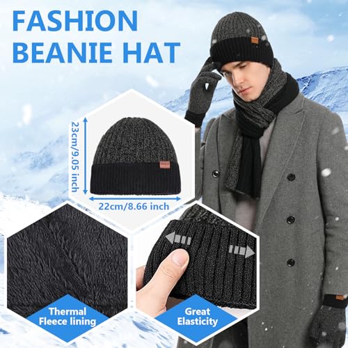 Winter Hats Scarf Gloves for Men Touchscreen Gloves Long Scarf Beanie Hat Set with Warm Fleece Lined 3 Pcs - Image 3