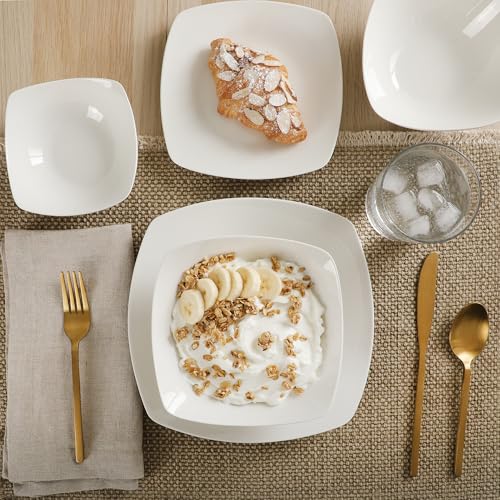 Image of Gibson Home Brentwood 40-Piece Dinnerware Set - Square White Porcelain Plates and Bowls, Service for 8, Dishwasher & Microwave Safe, Modern Everyday Dinner Set with Cereal, Dessert, and Entree Bowls