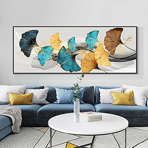 Tableau Toile 3 Panneaux Feuilles Minimaliste 58x40cm - Déco Murale Moderne Jaune Cyan | Salon Chambre