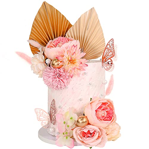 22 PCS Boho Cake Topper Flower Cake Toppers Flower Palm Leaves Fa...