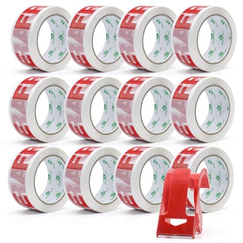 BOMEI PACK Cinta de Embalaje Frágil con Dispensador, 48mm x 66m, Paquete de 12 rollos - Cinta de Embalaje Fuerte Para Uso Regular o Para Mudanza - Sella Fácilmente tus paquetes y cajas