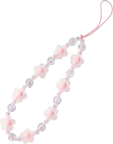 Meefisher Cordón estético con cuentas de flores rosas para teléfono celular, correa de muñeca para teléfono, cadena antipérdida para mujer (rosa C),