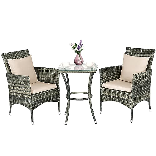 COSTWAY Conjunto Muebles de Ratán para Jardín Terraza Patio Balcón 2 Sillas y 1 Mesa con Cojines para Exterior y Interior