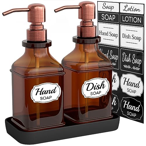 LMQML Soap Dispenser - 2 Pack, Antique Design Thick Amber Glass Hand Soap Dispensers with Sturdy Tray; 304 Rust Proof Stainless Steel Black Pump, 12Pcs Stickers, for Kitchen, Bathroom -Brushed Copper