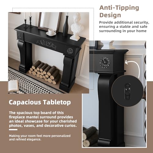 Image of Modern Fireplace Mantel Surround, Decorative Wooden Freestanding Mantel for Electric Fireplace, Waterproof & Anti-Tipping, Premium MDF Mantel with Leg for Living Room, Black
