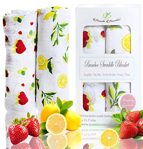 KloudBambu Muslin Swaddle Receiving Blankets, Strawberry Lemon, Extra Large Unisex Breathable Ultra Soft, Baby Registry Essentials
