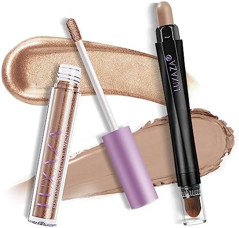 LUXAZA 2Pcs Liquid Eyeshaow and Cream Eyeshadow Stick Set,Champagne Shimmer & Metallic Glitter Eyeshadow,Matte Eyeshadow Pencil Crayon,Long Lasting Liquid Eye Makeup,Quick-Drying Sparkling Eye Shadow Glitter Makeup Kit #005