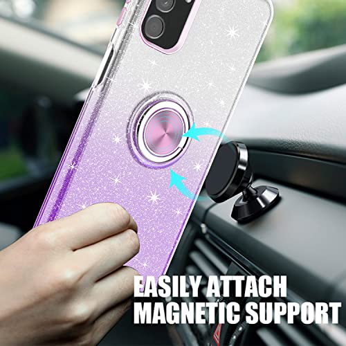 TJS Compatible with Samsung Galaxy A15 5G Case, with Tempered Glass Screen Protector, Metal Ring Magnetic Support Kickstand Tone Shinny Glitter Phone Case (Purple) - Thumbnail 3