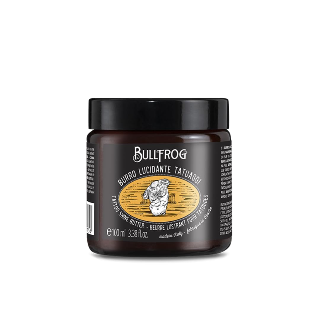 Bullfrog Burro Lucidante Tatuaggi – Idratante e Nutriente, 99,1% Ingredienti Naturali, Fragranza Nocciola, Cacao e Miele, Finish Luminoso e Protettivo, 100 ml