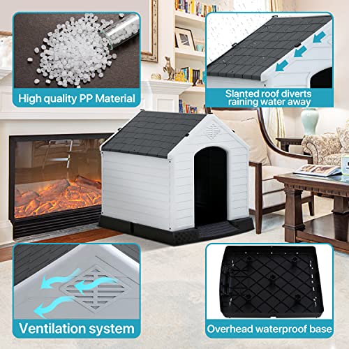 Dog House Indoor Outdoor Waterproof Ventilated Plastic Dog House Pet Shelter Cage with Ventilation and Elevated Flooring, Suitable for Small Medium and Large Dogs, Easy to Assemble, Grey