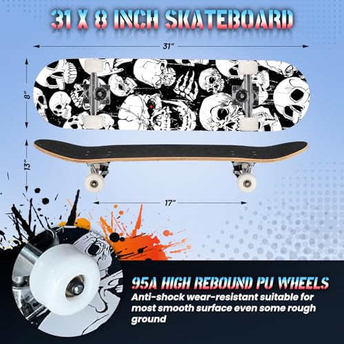 Image of Pro Complete Skateboards for Beginners Girls Boys Kids Youths Teens Adults 31 inchx8 inch Skate Boards 7 Layers Canadian Maple Double Kick Deck Concave Longboard