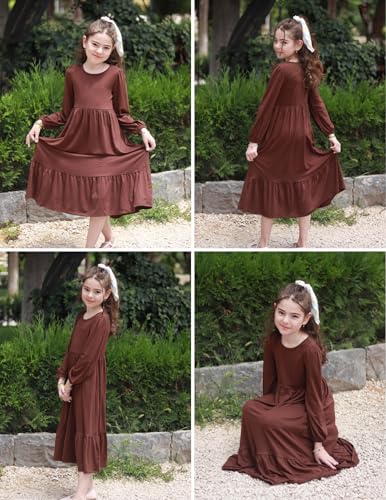 Image of Arshiner Girls Maxi Dresses Lantern Long Sleeve Casual Holiday Dress with Pockets for 5-14 Y